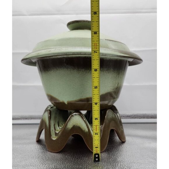 Frankoma 6V Brown & Green Glazed Ceramic Casserole Dish and Warmer Base and Lid - Picture 9 of 10